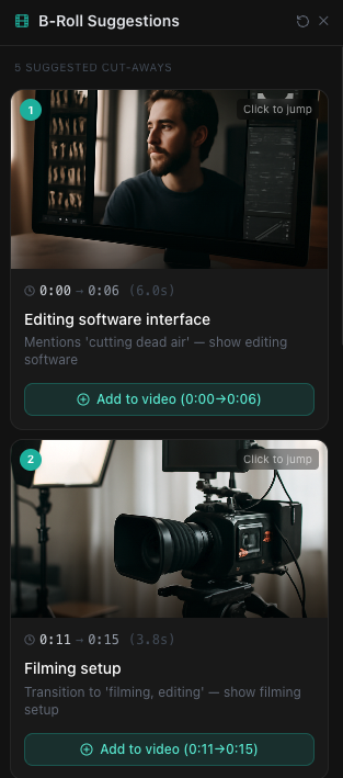 B-Roll Suggestions panel listing suggested cut-away clips