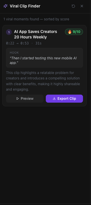 Viral Clip Finder panel showing a clip scored 9 out of 10