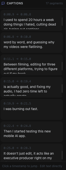 InfluencerCut captions panel showing timestamped transcript segments